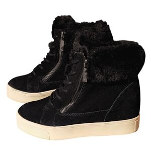 J SLIDES NYC Womens 8.5 Suede Platform Faux Fur Hidden Wedge Ankle Bootie Black